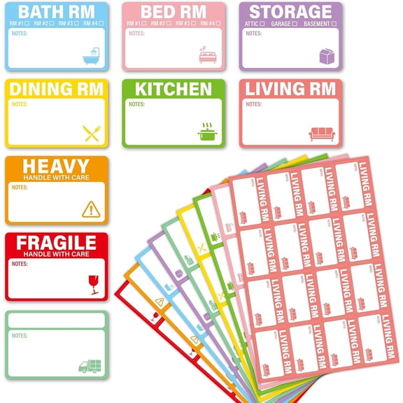 576Pcs 2 x 3inch Home Moving Box Stickers with Writable Notes Areas Packing Labels for Moving Boxes Moving Labels for Boxes Color Coded Including Fragile Heavy and Others 9 Types