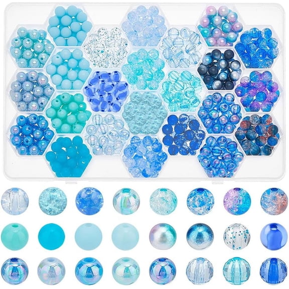 576Pcs 24 Style Transparent Fluorescent Spray Painted Frosted Opaque Rainbow Acrylic Imitation Pearl Beads Round Blue 7.5~8x7~8mm