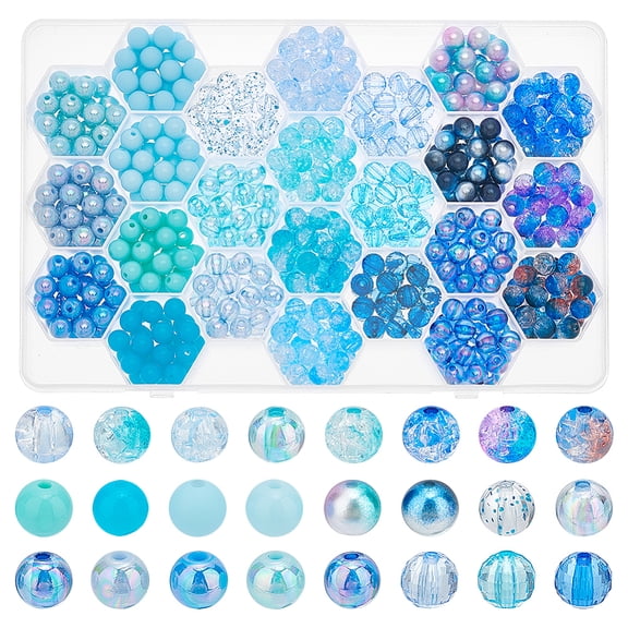 576Pcs 24 Style Transparent Fluorescent Spray Painted Frosted Opaque Rainbow Acrylic Pearl Beads Round Blue 7.5~8x7~8mm Hole: 1.5~2mm