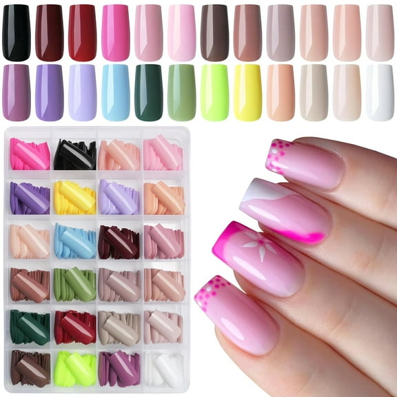 576pc Medium Square Press on Nails Kit Glossy Colored Straight Fake Nails Full Cover Artificial Fingernails Acrylic Tips Manicure Design Decor 24 Colors for Women Teens Kids
