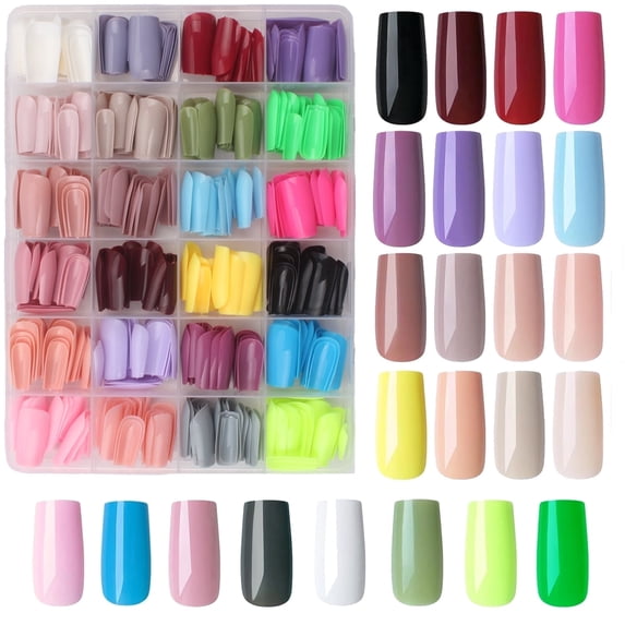 576pcs Square Press on Nails Long Fake Nails Medium Square False Nail Full Cover Artificial Fingernails Acrylic Presson Nail Tips 24 Colors 10 Size for Women Teens