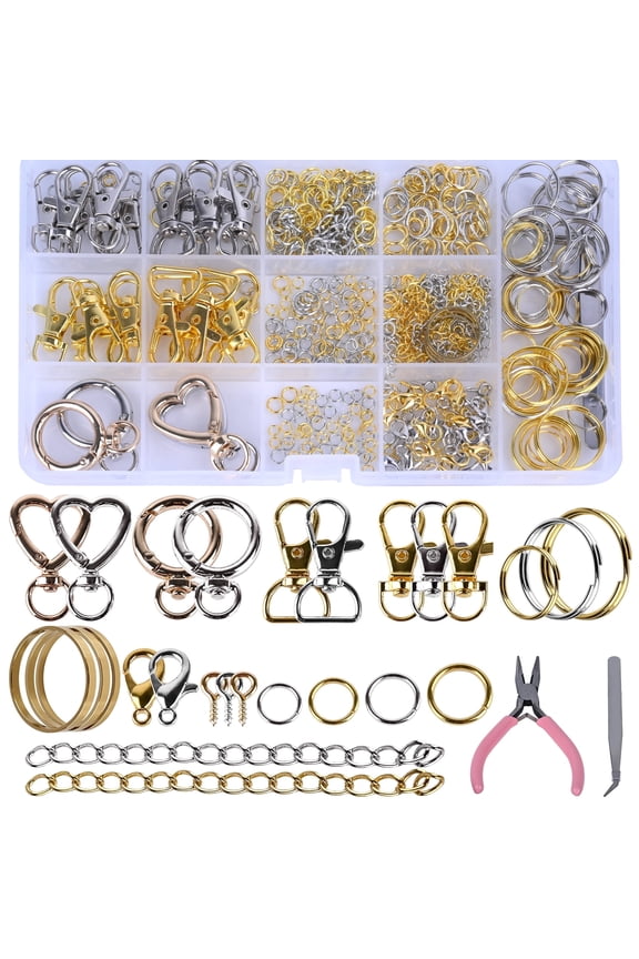 579PCS Keychain Making Kit, Key Chain Supplies Including Keychain Clip, Key Rings, Lobster Claw Clasps, Jump Rings, Extender Chain,Pliers for Key Chain Making and Jewelry Making(Gold&Silver)