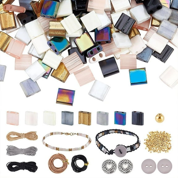 579pcs Bracelet Making Kit 5x5mm 5x2mm Beads Crafts Leather Wrap Bracelet Making Set with 2-Hole Glass Seed Beads Buttons Boho Bracelet