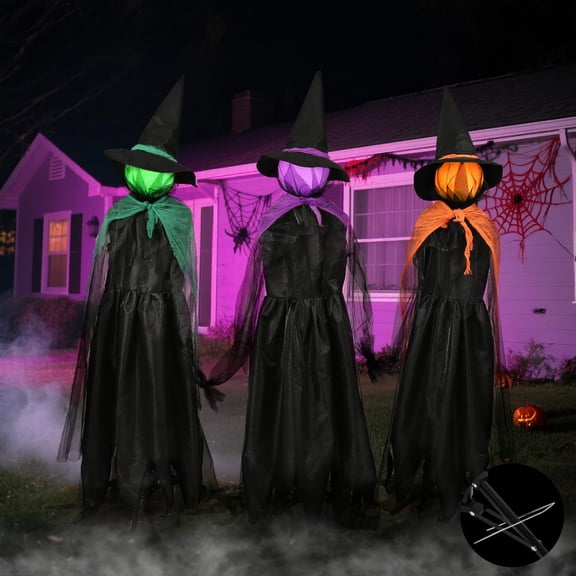 57In LED Set of 3 Black Witches with Stakes Light Up Witches Holding Hands Garden Decor Scary Halloween Decorations Outdoor Yard
