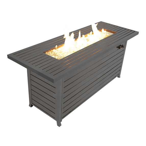 57In Outdoor Gas Propane Fire Pits Table, Aluminum, 50000Btu Firepit Fireplace Dinning Table with Lid, Fire Glass, Retangular, Etl Certification, for Garden Backyard Deck Patio-Mocha