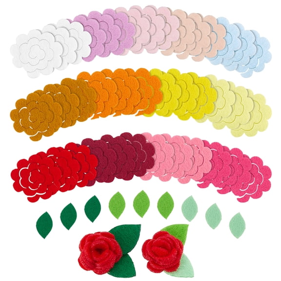 57PCS Felt Flowers Fabric 16 Style 3D Roses Die Cut Applique Flowers Felt Leaf Patch Applique Flower Embellishments DIY