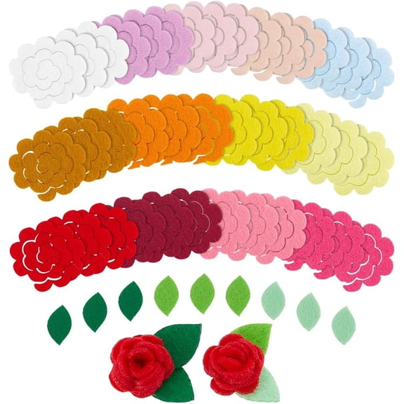 57PCS Felt Flowers Fabric 16 Style 3D Roses Die Cut Applique Flowers Felt Leaf Patch Applique Flower Embellishments