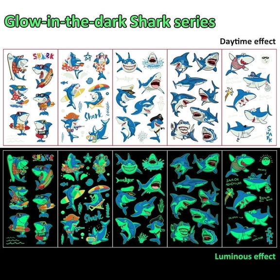 57PCS Luminous Tattoos for Kids, Shark Temporary Tattoo Stickers, Glow inThe Dark Tattoos for Boys and Girls, Shark Fake Tattoos More Party Makeup Gifts 5 Sheets