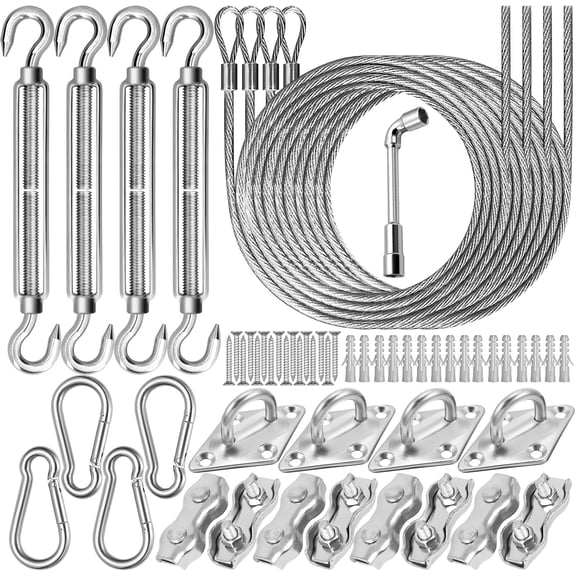 57Pcs Sun Shade Sail Hardware Kit 6 inch with 4Pcs 13Ft Wire Cable for Triangle Rectangle Sunshade 304 Stainless Fixing Accessories Installation Awning Attachment Set for Garden Patio Outdoor