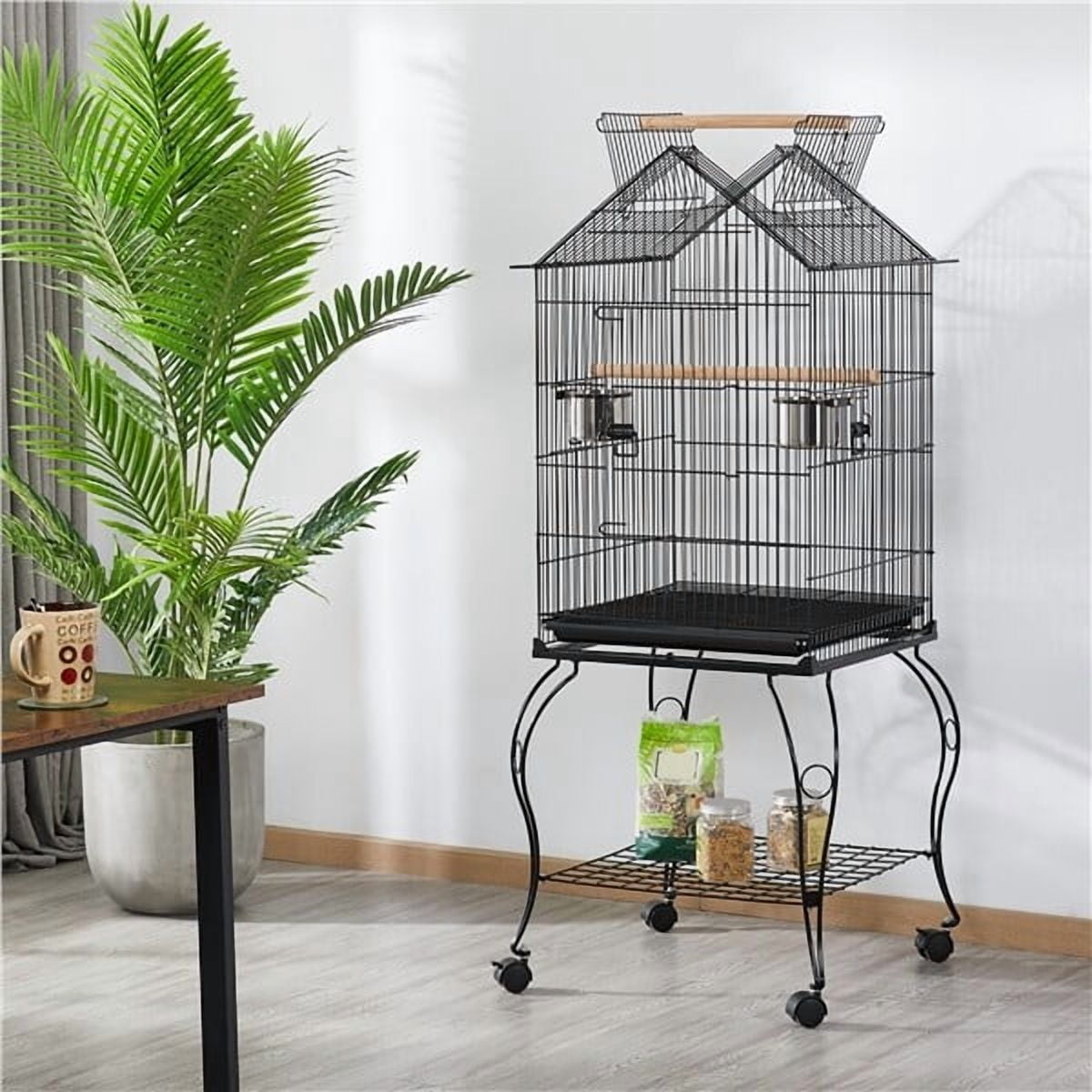 View of 57in Open Top Bird Cage with Rolling Stand — Large Parrot Cage for ...