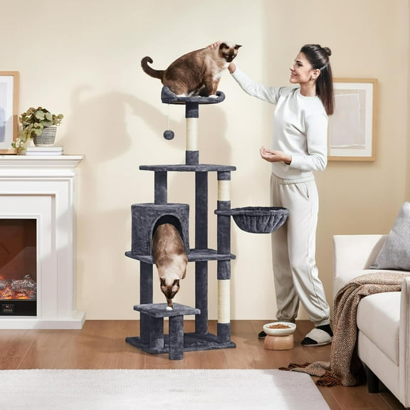 57in Tall  Tree with Extended Platform, Padded Perch, Scratching Posts, Ball for Large Indoor Cats - Dog Bed Style