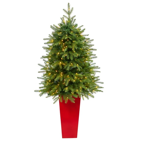 57in. Vancouver Fir Natural Look Artificial Christmas Tree with 250 Clear LED Lights and 814 Bendable Branches in Red Tower Planter