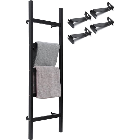 57in Wall Mounted Wooden Blanket Ladder Living Room Decorative Farmhouse Quilt Display Holder Rustic Wood Towel Rack for Bathroom, Black