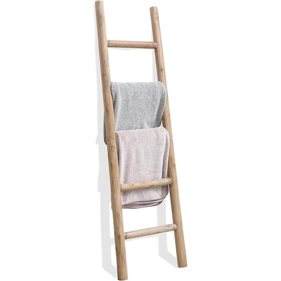 57in Wood Blanket Ladder Living Room Decorative Wall Leaning Farmhouse Quilt Display Holder Rustic Wooden Towel Rack for Bathroom, Brown