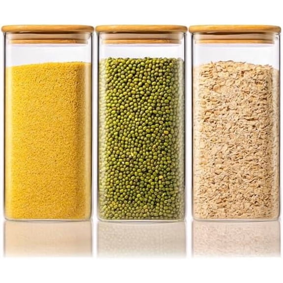 57oz - 3 Pack Square Glass Jars with Bamboo Lids, Glass Food Storage Containers with Airtight Lids for Kitchen, Air Tight Pantry Storage Containers for Cereal, Pasta, Rice, Sugar, Coffee, Spice
