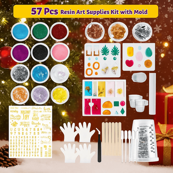 57pcs Epoxy Resin Jewelry Crafts Kit, Jewelry Molds + Accessories Starter Kit, Epoxy Resin Complete Set Of Molds, Mica Powder, Glitter Power, Wish Letters, Mixing Cups.
