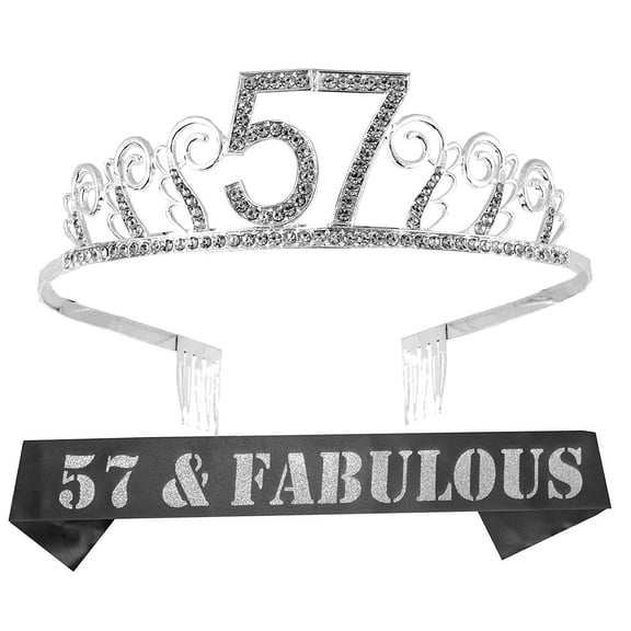 57th Birthday Sash and Tiara for Women - Fabulous Glitter Sash + Waves Rhinestone Silver Premium Metal Tiara for Her, 57th Birthday Gifts for 57 Party
