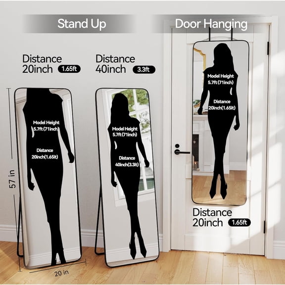 57x20 Door Hanging Full Length Mirror, Floor Stand (Height 5.7ft just Body in1.3ft) Wall Mounted Metal Frame Rectangle Dressing Mirrors for Bedroom Living Room 57 inch Black