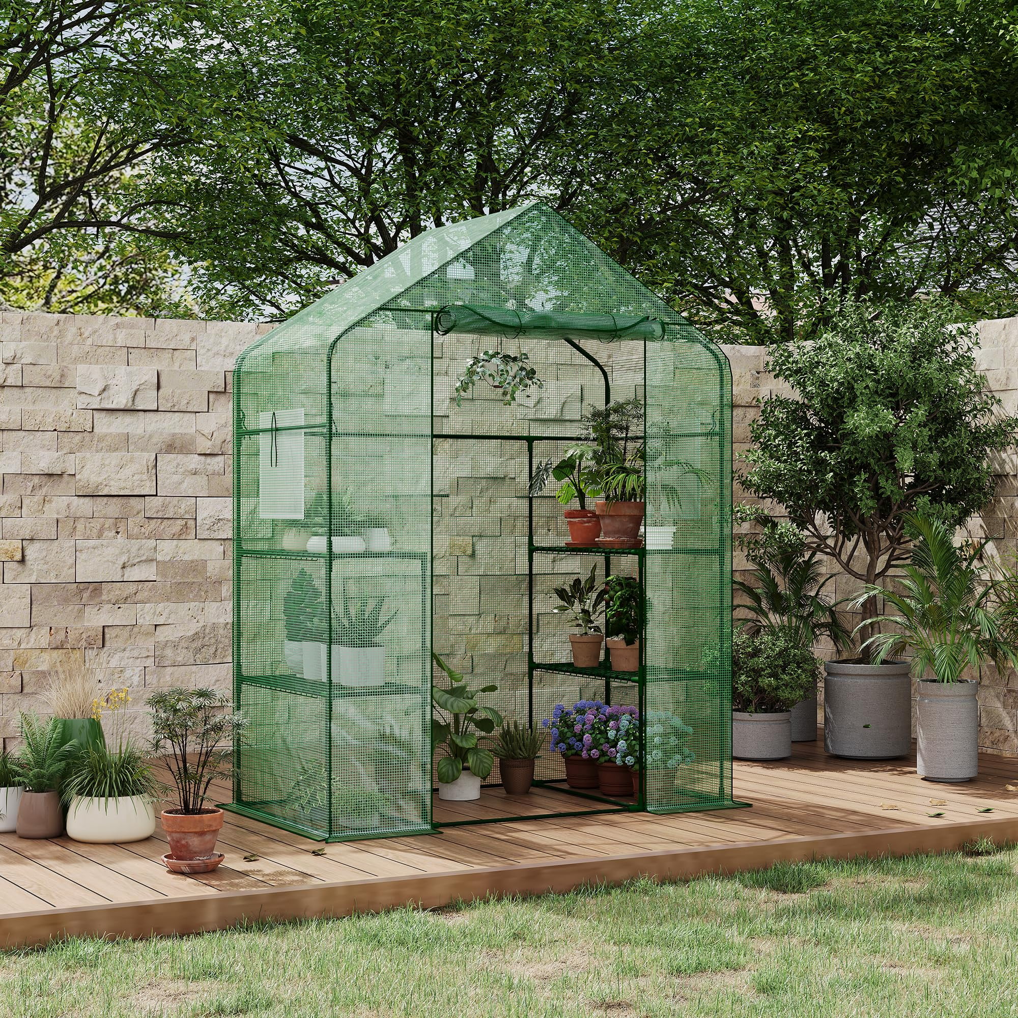 57x29x77-Inch Mini Walk-in Greenhouse, Transparent PE Cover with Anchor, 3-Tier Design, 4 Shelves for Indoor and Outdoor Planting