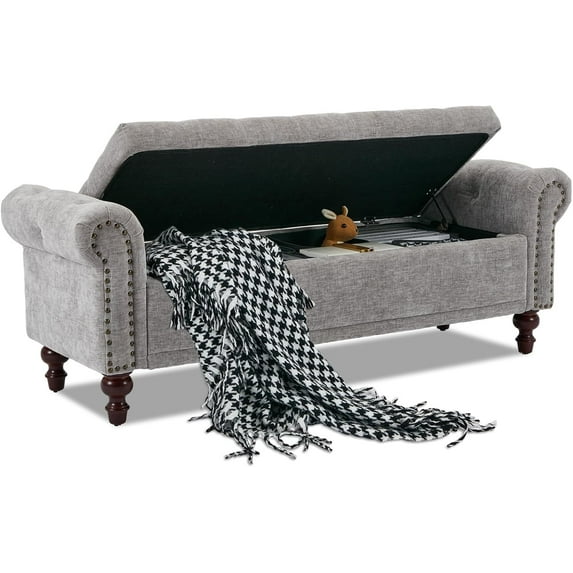 58.1'' Storage Bench Upholstered Chenille End of Bedroom Bed Bench Ottoman with Tufted Cushioned Rolled Arm Large Storage Space for Reading Living Room Entryway, Light Grey