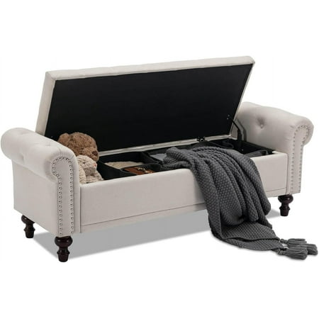 58.1" Storage Bench Upholstered Linen End of Bedroom Bed Bench Ottoman with Tufted Cushioned Rolled Arm Large Storage Space for Reading Living Room Entryway, Beige