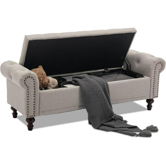 58.1'' Storage Bench Upholstered Linen End of Bedroom Bed Bench Ottoman with Tufted Cushioned Rolled Arm Large Storage Space for Reading Living Room Entryway, Light Brown