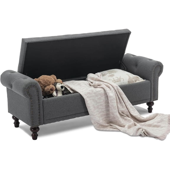58.1'' Storage  Upholstered Linen End of Bedroom Bed  Ottoman with Tufted Cushioned Rolled Arm Large Storage Space for Reading Living Room Entryway, Grey