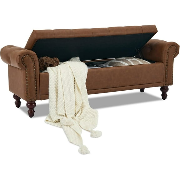 58.1'' Storage Bench Upholstered PU Leather End of Bedroom Bed Bench Ottoman with Tufted Cushioned Rolled Arm Large Storage Space for Reading Living Room Entryway, Brown