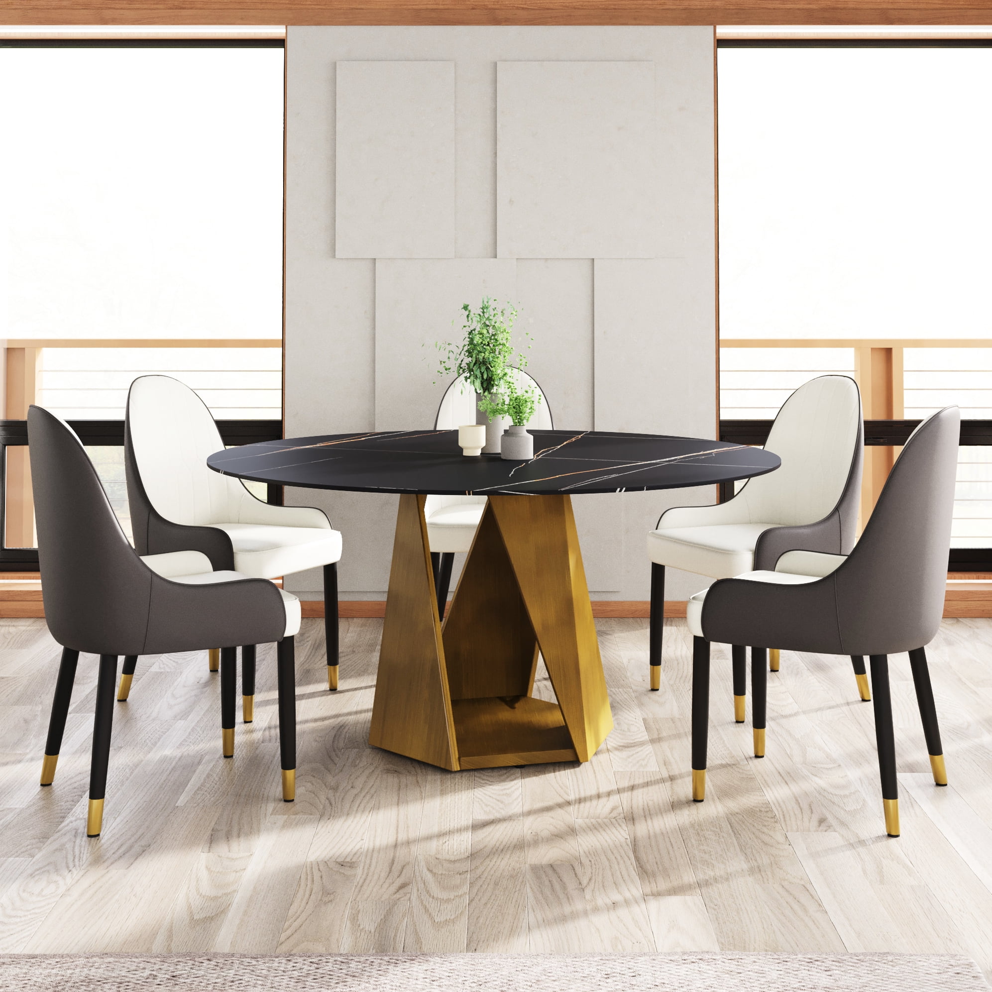 58.11" Round Sintered Stone Dining Table, Black With Strong Metal Base ...