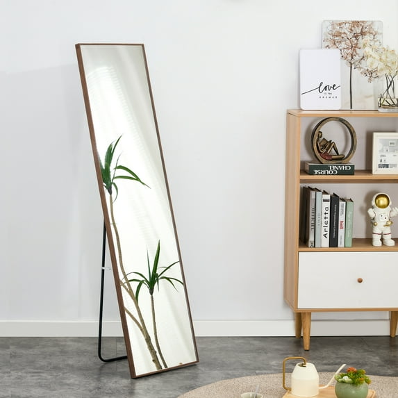 58 "* 15" Modern Brown Solid Wood Frame Wall Mirror, Makeup Mirror, Floor Standing Large Mirror, Decorative Mirror, Suitable for Bathroom, Clothing Store, Wall-Mounted and Standing