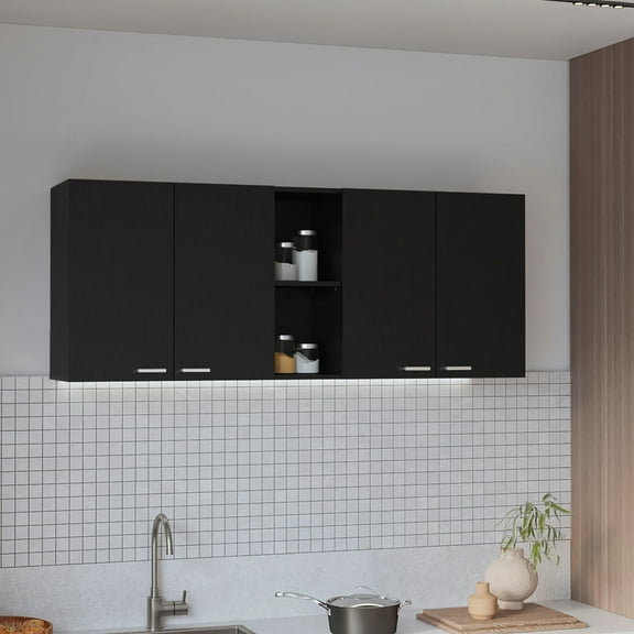 58.18-inch Wall Cabinet In Black With Four Doors - Built-in Dish Holder And Rack, 6 Shelves, Manufactured Wood Coffer 59-inch Swing Storage Unit Box