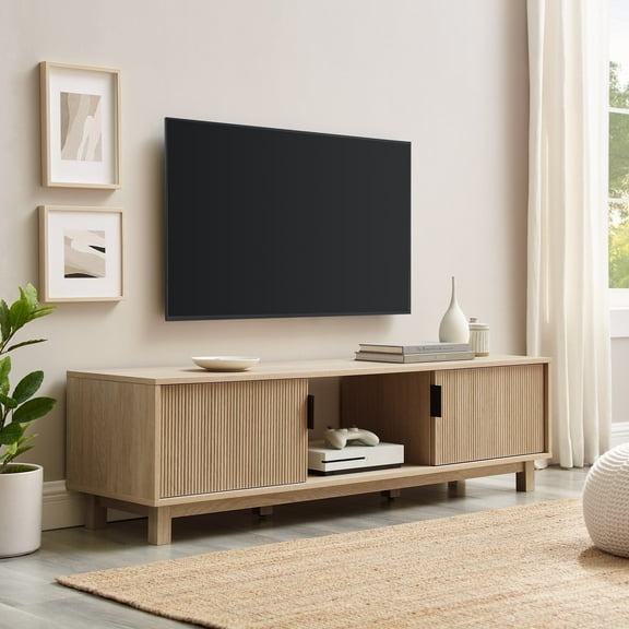 Walker Edison Mid-Century Modern 2-Door Reeded TV Stand for TVs up to 65”, Coastal Oak