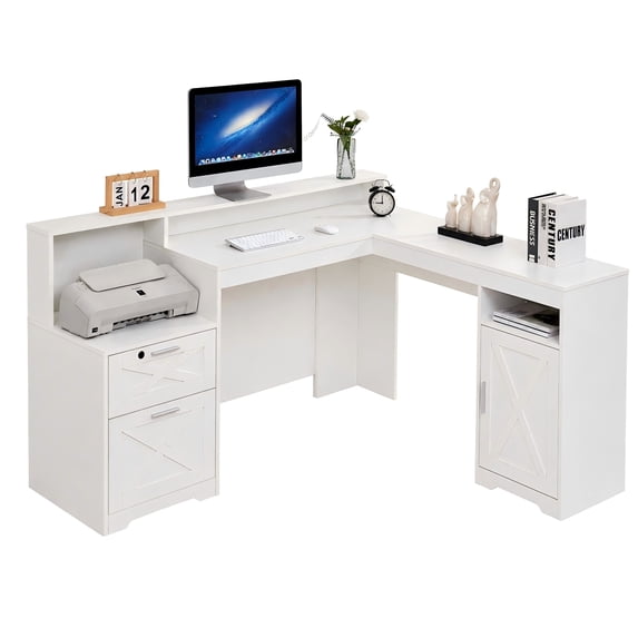 58.2 Inch L-Shaped Executive Desk with Drawers & Storage Shelf, Corner Computer Desk with Power Outlets, Monitor Stand & Printer Shelf