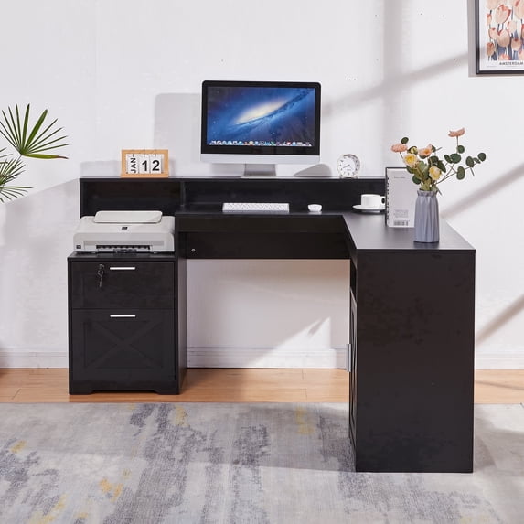 58.2 Inch L-Shaped Executive Desk with Drawers & Storage Shelf, Corner Computer Desk with Power Outlets, Monitor Stand & Printer Shelf