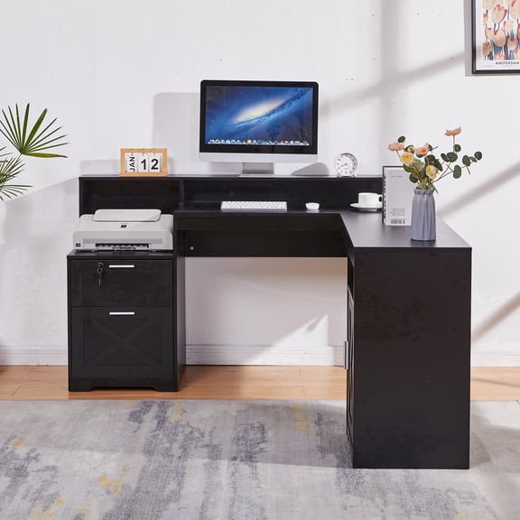 58.2 Inch L-Shaped Executive Desk with Drawers & Storage Shelf, Corner Computer Desk with Power Outlets, Monitor Stand & Printer Shelf