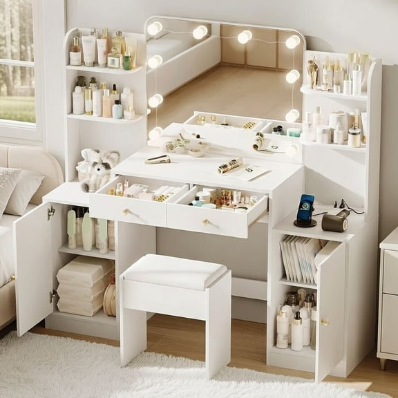 53" Makeup Vanity Set with Mirror and Lights, Pipleo Big White Makeup Vanity Desk with Chair and Power Outlet, 3 Color Lighting Modes & Adjustable Brightness for Bedroom