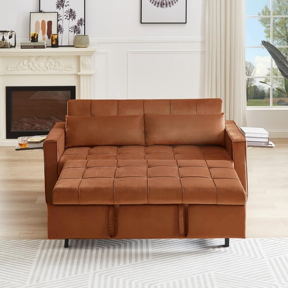 58.26" Velvet Pull Out Couch Bed with Adjsutable Backrest, Convertible Sofa Bed with Side Coffee Table and 2 Lumbar Pillows, Modern Tufted Sleeper Sofa Couch for Living Room Office, Caramel