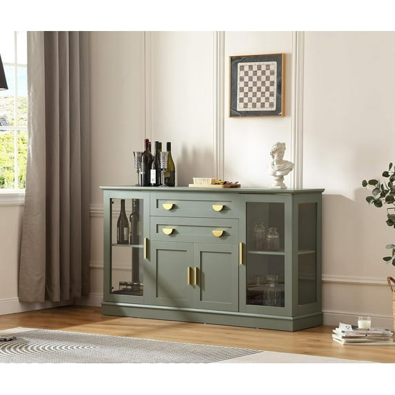 58.27'' Buffet Cabinet with 2 Drawers and Adjustable Shelves,Large Glass Door Coffee Bar Cabinet,Modern Farmhouse Sideboard Credenza for Kitchen,Green