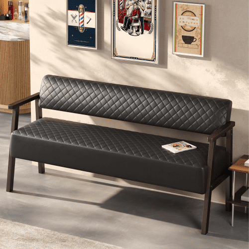 58.27" Diamond Quilted PU Faux Leather Waiting Bench with Wood Armrests, Upholstered Reception Bench for Salon Lobby Office, Black