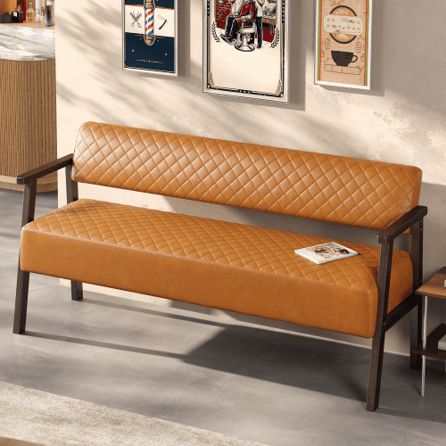 58.27" Diamond Quilted PU Faux Leather Waiting Bench with Wood Armrests, Upholstered Reception Bench for Salon Lobby Office, Dark Brown