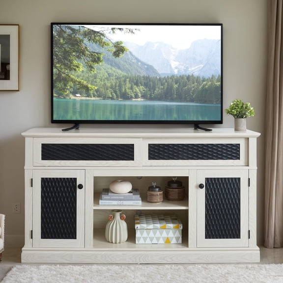 58.27" W Embossed Pattern TV Stand - 32" High Media Console with Ample Storage, Cord Management, and Open Shelves for Living Room