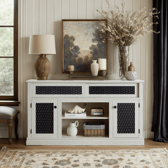 58" Wooden TV Stand with Sliding Embossed Pattern Doors, Entertainment Center for TVs up to 65", Cord Management & Large Storage Space, Media TV Console Table for Living Room/Office