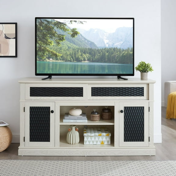 58.27" W Embossed Pattern TV Stand - 32" High Media Console with Ample Storage, Cord Management, and Open Shelves for Living Room