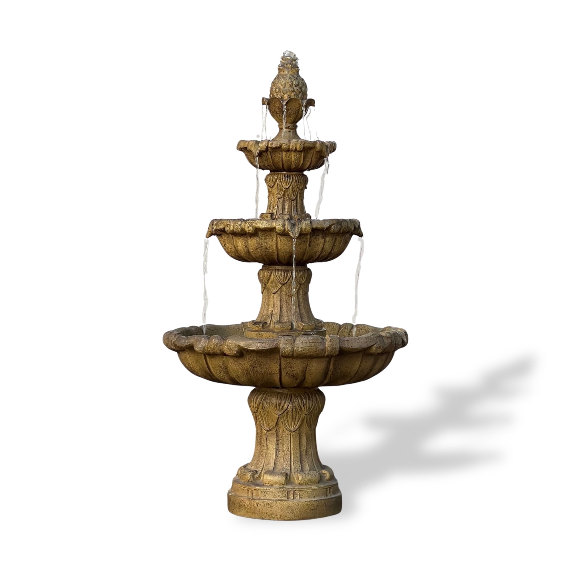 58.3" 3-Tier Electric Outdoor Freestanding Water Fountain - Classic Leaf Design, Beige Resin with Pump
