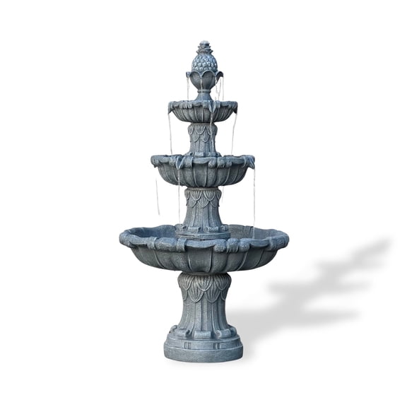 58.3" 3-Tier Electric Outdoor Freestanding Water Fountain - Classic Leaf Design, Gray Resin with Pump