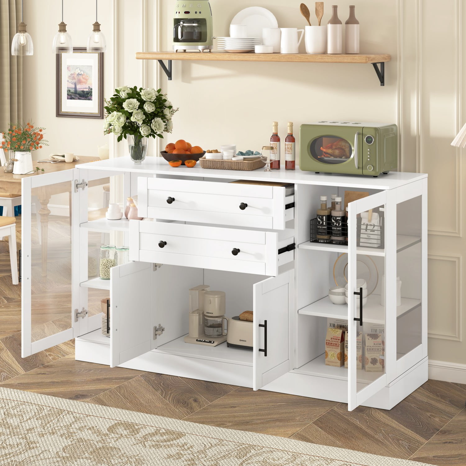 58.3" Modern Buffet Sideboard Cabinet with 4 Doors 2 Drawers, Adjustable Shelves, Power Outlet, Acrylic Panels Storage for Kitchen Dining Living Room, White