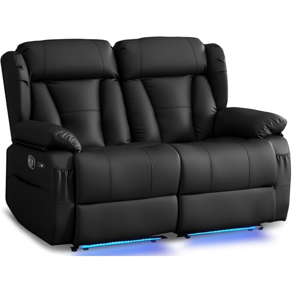 Loveseat Recliner Sofa, Manual Reclining Double Loveseat with USB-A & USB-C Ports/LED Lights, RV Couch for Living Room & Home Theater with Cup Holders/Side Pockets