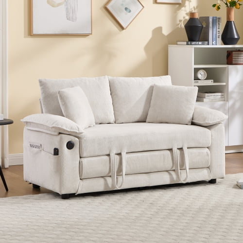 58" 3-in-1 Upholstered Futon Sofa Bed, Convertible Pull Out Sleeper Couch with Side Pockets and USB, Foldable Loveseat Daybed for Living Room Bedroom, Cream White