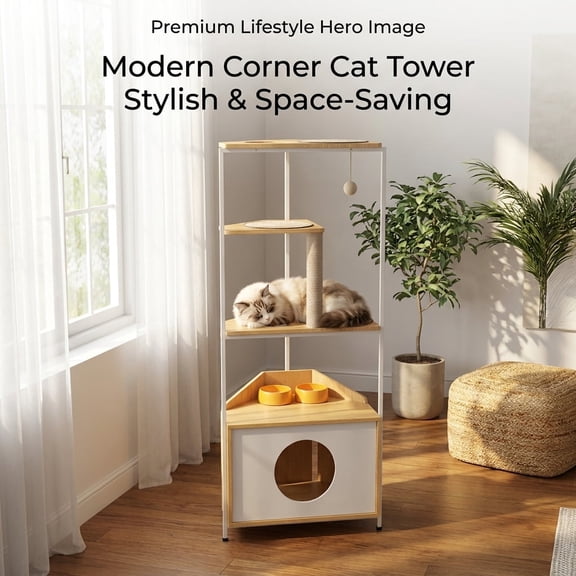 58.4" Corner Cat Tree Tower with Cat Condo, Scratching Post, Feeding Station and Climbing Platforms, Modern Indoor Cat Furniture, White and Light Oak