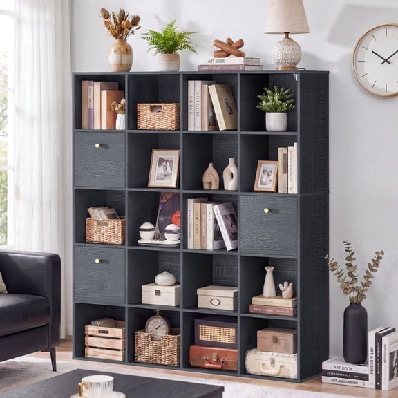 58.5" H Modular Storage Organizer with Fabric Drawers 20 Cube Black Bookcase Room Divider Individual